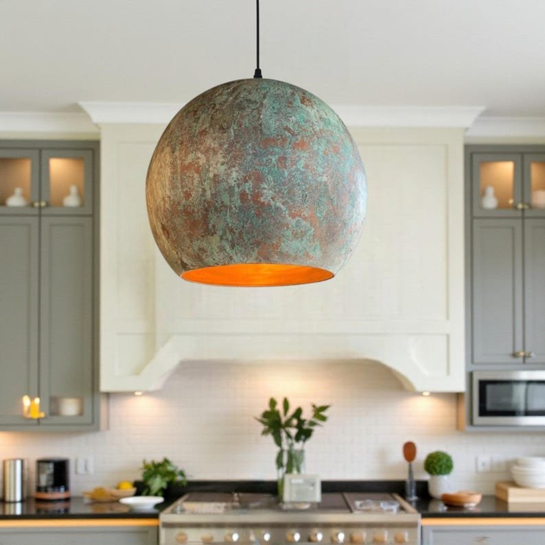 Green Patina Copper Globe Pendant Light, Handmade Moroccan Round Copper Chandelier, Verdigris Kitchen Island Hanging Lamp, Rustic Boho Farmhouse Ceiling Light Fixture