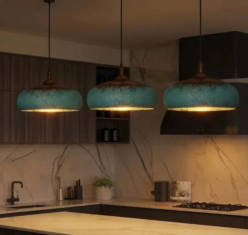 Set of 3 Handmade Moroccan Brass Pendant Lights – Turquoise Verdigris Patina Dome Hanging Lamps with Warm Gold Interiors, Large Kitchen Island Lighting Set
