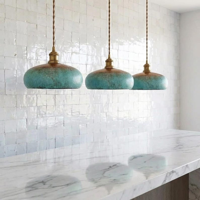 Set of 3 Handmade Moroccan Brass Pendant Lights – Turquoise Verdigris Patina Dome Hanging Lamps with Warm Gold Interiors, Large Kitchen Island Lighting Set