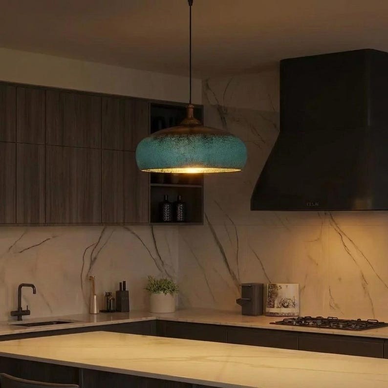 Set of 3 Handmade Moroccan Brass Pendant Lights – Turquoise Verdigris Patina Dome Hanging Lamps with Warm Gold Interiors, Large Kitchen Island Lighting Set