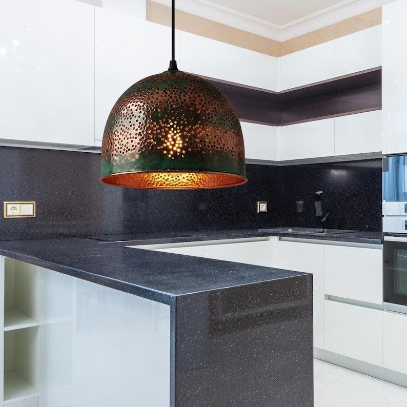 Handmade Moroccan Brass Dome Pendant Light – Hammered Copper and Green Verdigris Hanging Lamp with Pierced Starburst Pattern and Warm Brass Interior for Kitchen Island, Dining Room & Living Room