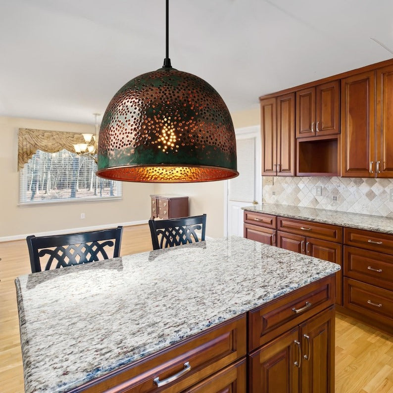 Handmade Moroccan Brass Dome Pendant Light – Hammered Copper and Green Verdigris Hanging Lamp with Pierced Starburst Pattern and Warm Brass Interior for Kitchen Island, Dining Room & Living Room