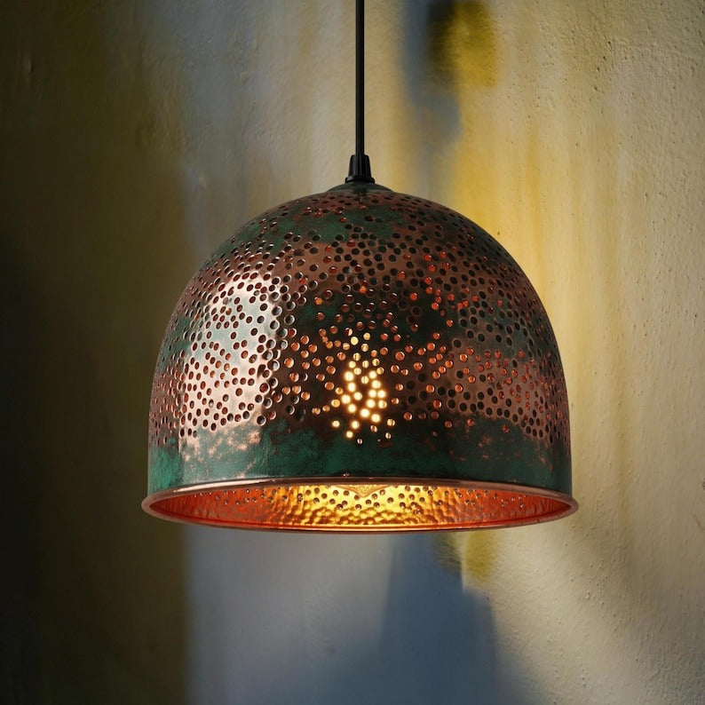 Handmade Moroccan Brass Dome Pendant Light – Hammered Copper and Green Verdigris Hanging Lamp with Pierced Starburst Pattern and Warm Brass Interior for Kitchen Island, Dining Room & Living Room