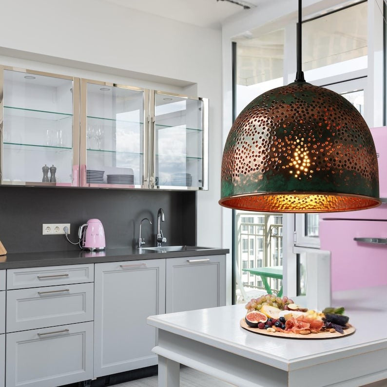 Handmade Moroccan Brass Dome Pendant Light – Hammered Copper and Green Verdigris Hanging Lamp with Pierced Starburst Pattern and Warm Brass Interior for Kitchen Island, Dining Room & Living Room