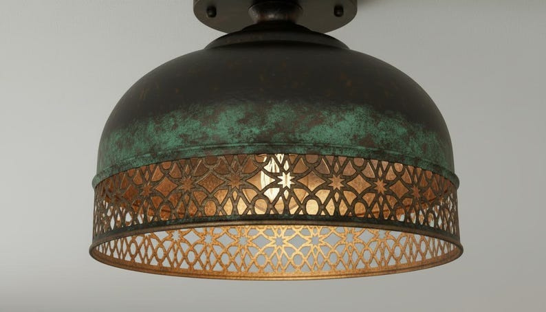 Handmade Moroccan Brass Flush Mount Ceiling Light – Black and Green Verdigris Dome Fixture with Pierced Moorish Metalwork