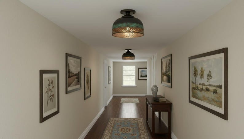 Handmade Moroccan Brass Flush Mount Ceiling Light – Black and Green Verdigris Dome Fixture with Pierced Moorish Metalwork