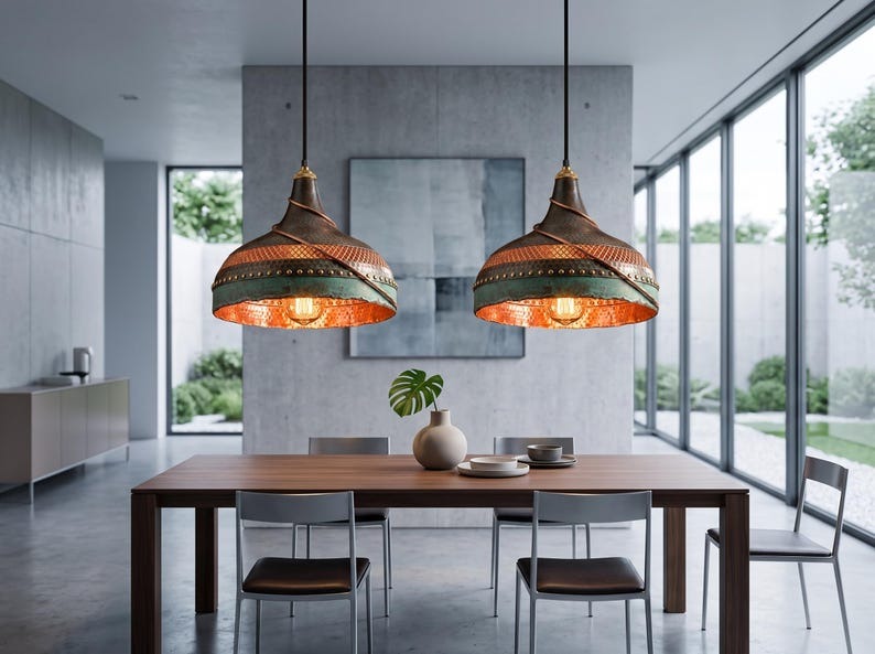 Verdigris & Copper Moroccan Brass Pendant Light – Riveted Lattice Dome Chandelier with Warm Interior Glow
