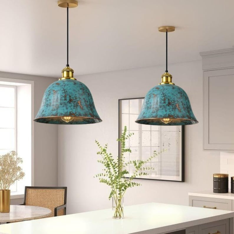 Handmade Brass Bell Pendant Light – Turquoise Patina Moroccan Ceiling Lamp, Rustic Brass Kitchen Island Pendant, Vintage Verdigris Dining Room Light Fixture