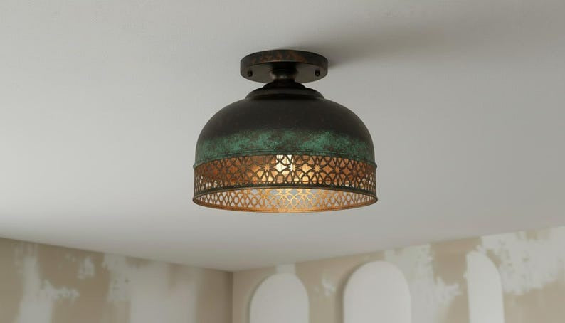 Handmade Moroccan Brass Flush Mount Ceiling Light – Black and Green Verdigris Dome Fixture with Pierced Moorish Metalwork