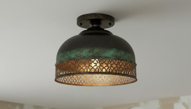 Handmade Moroccan Brass Flush Mount Ceiling Light – Black and Green Verdigris Dome Fixture with Pierced Moorish Metalwork