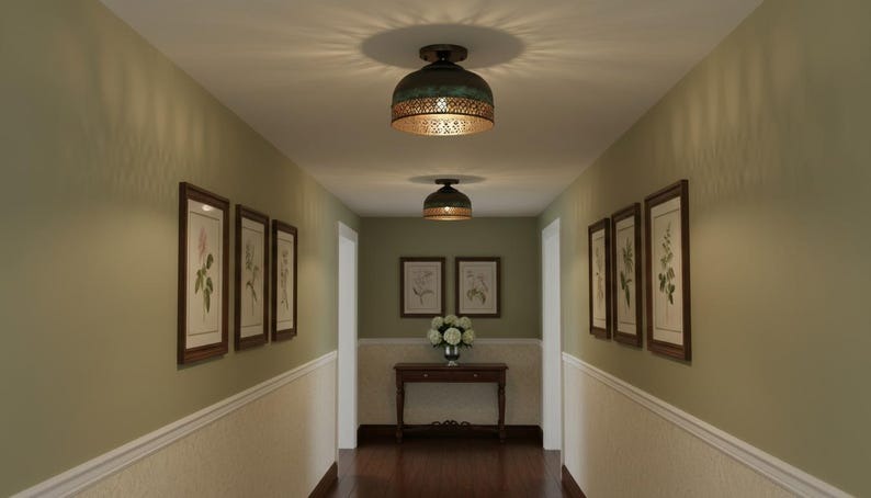 Handmade Moroccan Brass Flush Mount Ceiling Light – Black and Green Verdigris Dome Fixture with Pierced Moorish Metalwork