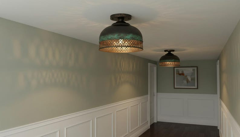 Handmade Moroccan Brass Flush Mount Ceiling Light – Black and Green Verdigris Dome Fixture with Pierced Moorish Metalwork