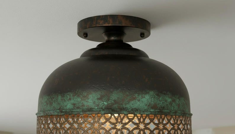 Handmade Moroccan Brass Flush Mount Ceiling Light – Black and Green Verdigris Dome Fixture with Pierced Moorish Metalwork