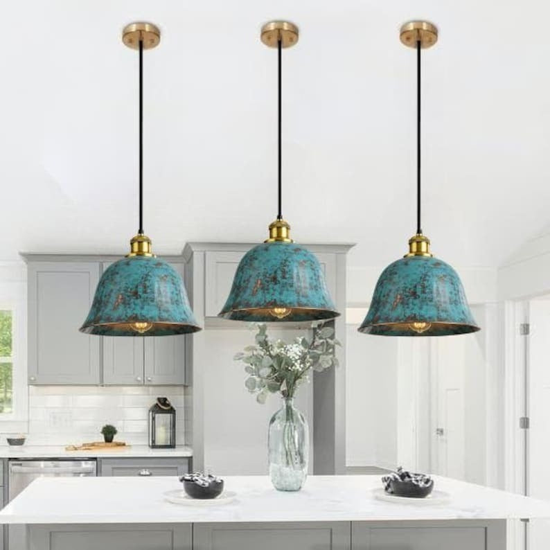 Handmade Brass Bell Pendant Light – Turquoise Patina Moroccan Ceiling Lamp, Rustic Brass Kitchen Island Pendant, Vintage Verdigris Dining Room Light Fixture