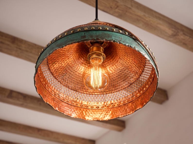 Verdigris & Copper Moroccan Brass Pendant Light – Riveted Lattice Dome Chandelier with Warm Interior Glow