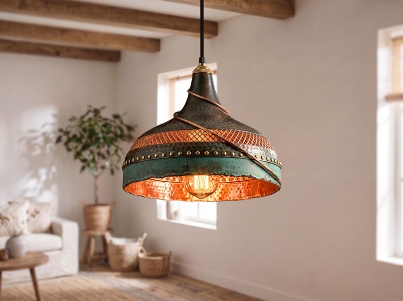 Verdigris & Copper Moroccan Brass Pendant Light – Riveted Lattice Dome Chandelier with Warm Interior Glow