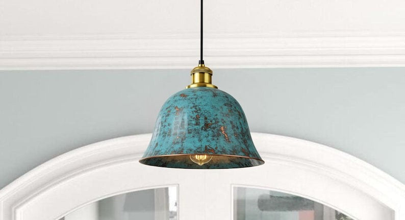 Handmade Brass Bell Pendant Light – Turquoise Patina Moroccan Ceiling Lamp, Rustic Brass Kitchen Island Pendant, Vintage Verdigris Dining Room Light Fixture