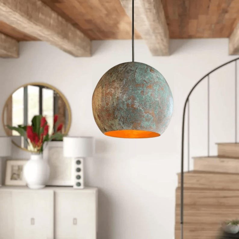 Green Patina Copper Globe Pendant Light, Handmade Moroccan Round Copper Chandelier, Verdigris Kitchen Island Hanging Lamp, Rustic Boho Farmhouse Ceiling Light Fixture
