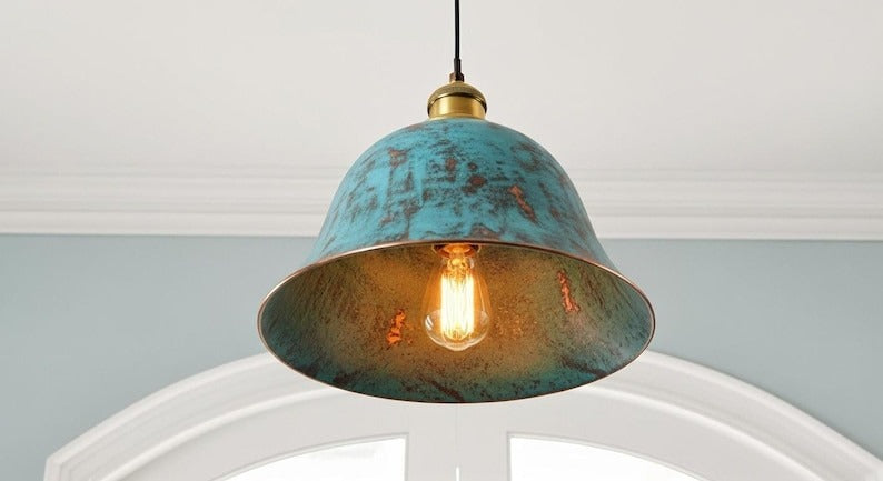 Handmade Brass Bell Pendant Light – Turquoise Patina Moroccan Ceiling Lamp, Rustic Brass Kitchen Island Pendant, Vintage Verdigris Dining Room Light Fixture