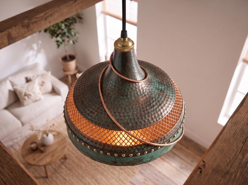 Verdigris & Copper Moroccan Brass Pendant Light – Riveted Lattice Dome Chandelier with Warm Interior Glow