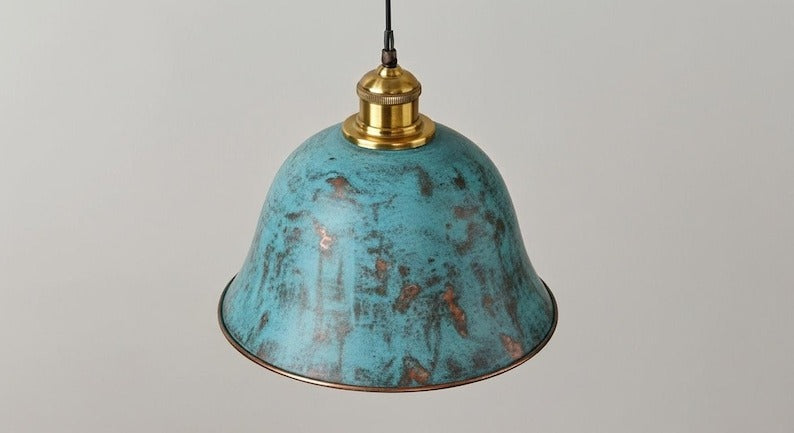 Handmade Brass Bell Pendant Light – Turquoise Patina Moroccan Ceiling Lamp, Rustic Brass Kitchen Island Pendant, Vintage Verdigris Dining Room Light Fixture
