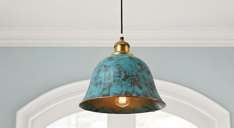 Handmade Brass Bell Pendant Light – Turquoise Patina Moroccan Ceiling Lamp, Rustic Brass Kitchen Island Pendant, Vintage Verdigris Dining Room Light Fixture