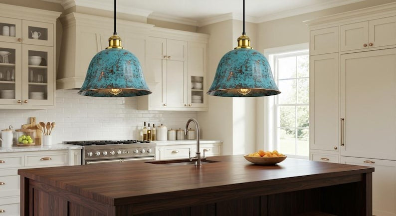 Handmade Brass Bell Pendant Light – Turquoise Patina Moroccan Ceiling Lamp, Rustic Brass Kitchen Island Pendant, Vintage Verdigris Dining Room Light Fixture