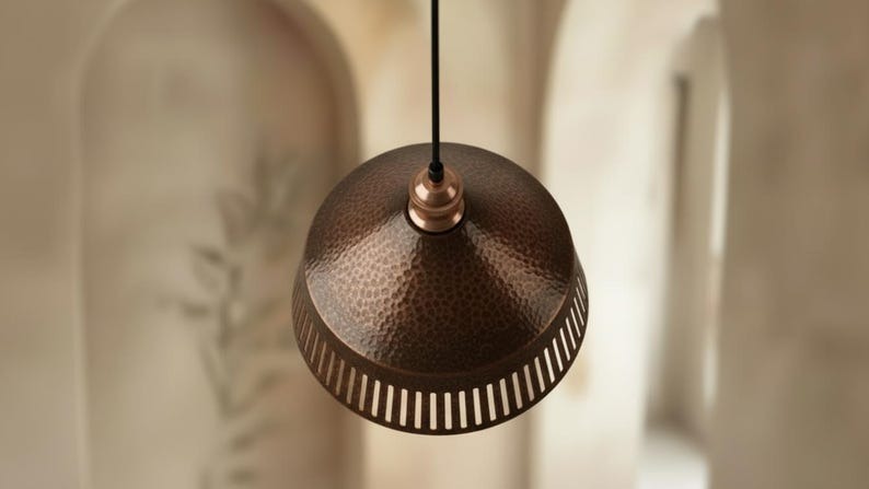 Handmade Moroccan Brass Pendant Light – Hammered Antique Copper Cone Lamp with Vertical Slatted Cutouts, Rustic Kitchen Island Lighting
