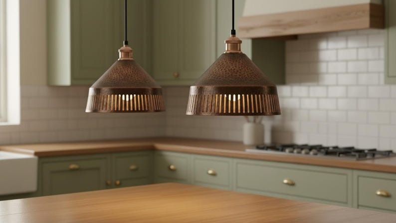 Handmade Moroccan Brass Pendant Light – Hammered Antique Copper Cone Lamp with Vertical Slatted Cutouts, Rustic Kitchen Island Lighting