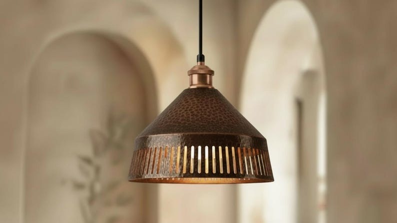 Handmade Moroccan Brass Pendant Light – Hammered Antique Copper Cone Lamp with Vertical Slatted Cutouts, Rustic Kitchen Island Lighting