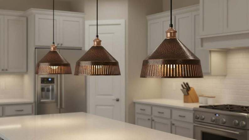 Handmade Moroccan Brass Pendant Light – Hammered Antique Copper Cone Lamp with Vertical Slatted Cutouts, Rustic Kitchen Island Lighting