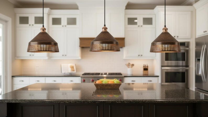 Handmade Moroccan Brass Pendant Light – Hammered Antique Copper Cone Lamp with Vertical Slatted Cutouts, Rustic Kitchen Island Lighting