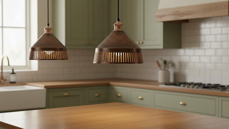 Handmade Moroccan Brass Pendant Light – Hammered Antique Copper Cone Lamp with Vertical Slatted Cutouts, Rustic Kitchen Island Lighting