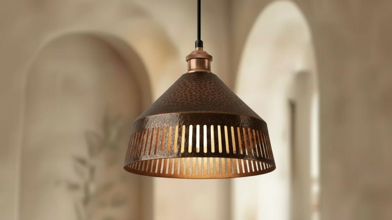 Handmade Moroccan Brass Pendant Light – Hammered Antique Copper Cone Lamp with Vertical Slatted Cutouts, Rustic Kitchen Island Lighting