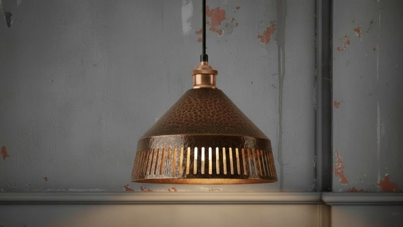 Handmade Moroccan Brass Pendant Light – Hammered Antique Copper Cone Lamp with Vertical Slatted Cutouts, Rustic Kitchen Island Lighting