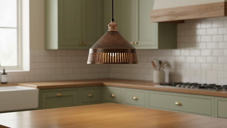 Handmade Moroccan Brass Pendant Light – Hammered Antique Copper Cone Lamp with Vertical Slatted Cutouts, Rustic Kitchen Island Lighting