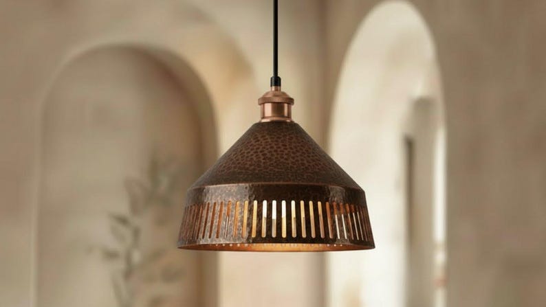 Handmade Moroccan Brass Pendant Light – Hammered Antique Copper Cone Lamp with Vertical Slatted Cutouts, Rustic Kitchen Island Lighting