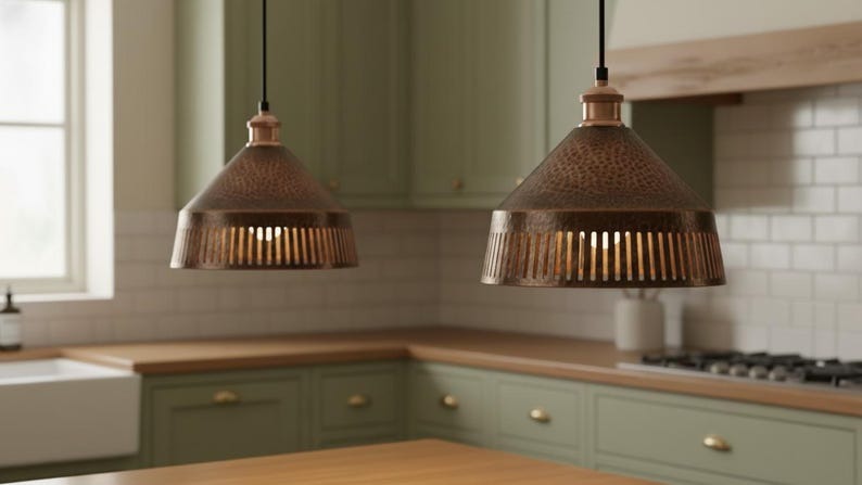 Handmade Moroccan Brass Pendant Light – Hammered Antique Copper Cone Lamp with Vertical Slatted Cutouts, Rustic Kitchen Island Lighting