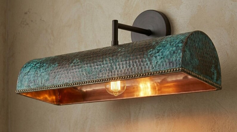 Handmade Brass Picture Light – Verdigris Green Patina Hammered Brass Wall Sconce with Copper Interior, Moroccan Rustic Gallery Wall Lamp Fixture