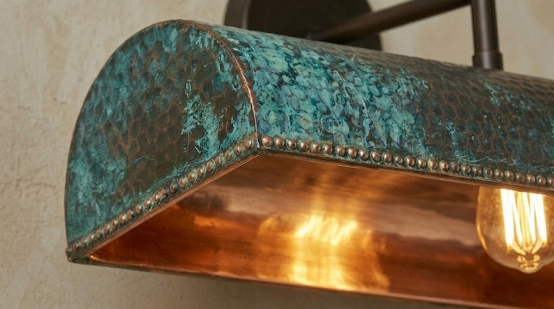 Handmade Brass Picture Light – Verdigris Green Patina Hammered Brass Wall Sconce with Copper Interior, Moroccan Rustic Gallery Wall Lamp Fixture
