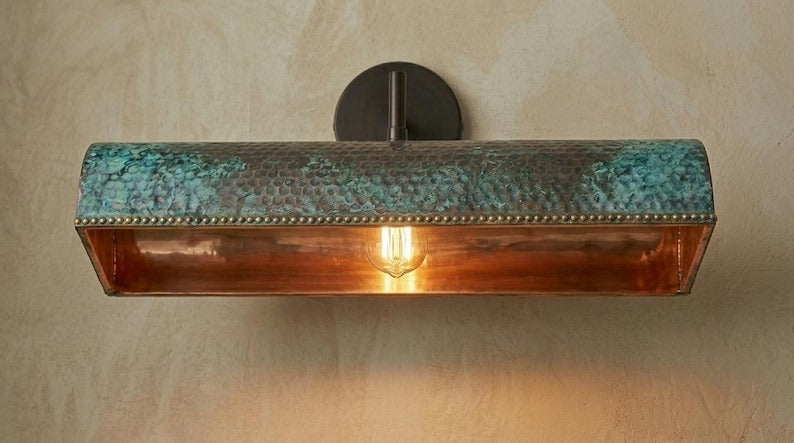 Handmade Brass Picture Light – Verdigris Green Patina Hammered Brass Wall Sconce with Copper Interior, Moroccan Rustic Gallery Wall Lamp Fixture