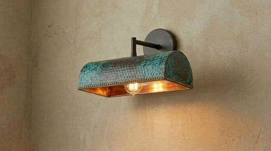 Handmade Brass Picture Light – Verdigris Green Patina Hammered Brass Wall Sconce with Copper Interior, Moroccan Rustic Gallery Wall Lamp Fixture