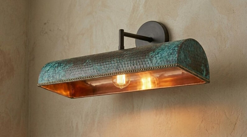 Handmade Brass Picture Light – Verdigris Green Patina Hammered Brass Wall Sconce with Copper Interior, Moroccan Rustic Gallery Wall Lamp Fixture