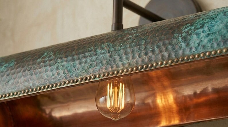 Handmade Brass Picture Light – Verdigris Green Patina Hammered Brass Wall Sconce with Copper Interior, Moroccan Rustic Gallery Wall Lamp Fixture