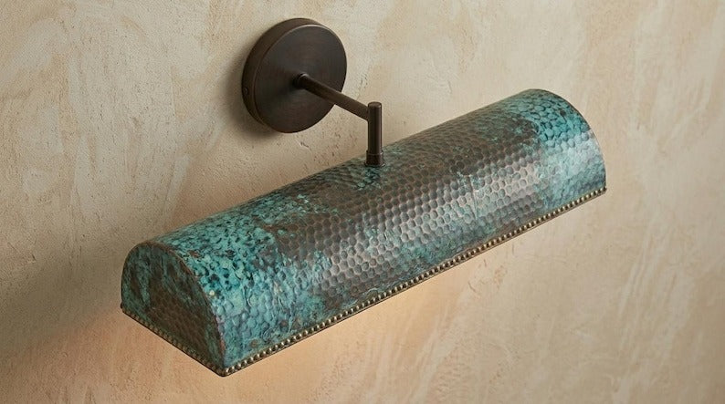 Handmade Brass Picture Light – Verdigris Green Patina Hammered Brass Wall Sconce with Copper Interior, Moroccan Rustic Gallery Wall Lamp Fixture