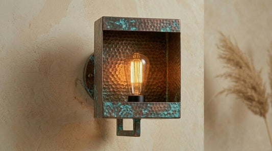 Handmade Brass Moroccan Wall Sconce – Square Box Hammered Brass Wall Light with Verdigris Patina, Rustic Industrial Wall Lamp Fixture