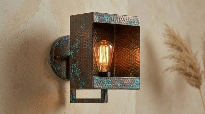 Handmade Brass Moroccan Wall Sconce – Square Box Hammered Brass Wall Light with Verdigris Patina, Rustic Industrial Wall Lamp Fixture