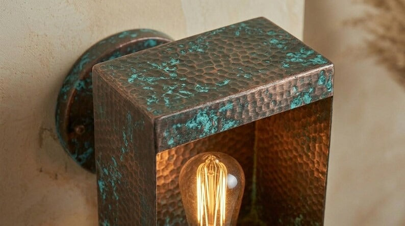 Handmade Brass Moroccan Wall Sconce – Square Box Hammered Brass Wall Light with Verdigris Patina, Rustic Industrial Wall Lamp Fixture
