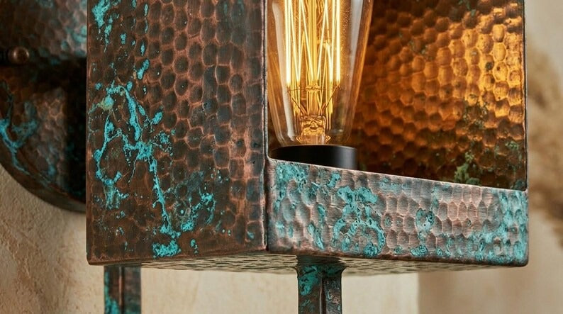 Handmade Brass Moroccan Wall Sconce – Square Box Hammered Brass Wall Light with Verdigris Patina, Rustic Industrial Wall Lamp Fixture