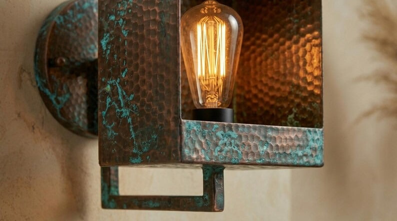 Handmade Brass Moroccan Wall Sconce – Square Box Hammered Brass Wall Light with Verdigris Patina, Rustic Industrial Wall Lamp Fixture